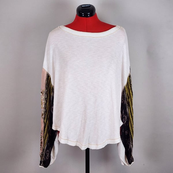 Free People Thermal Top XS White Patchwork Sleeve Shirt boho, Whimsigoth 