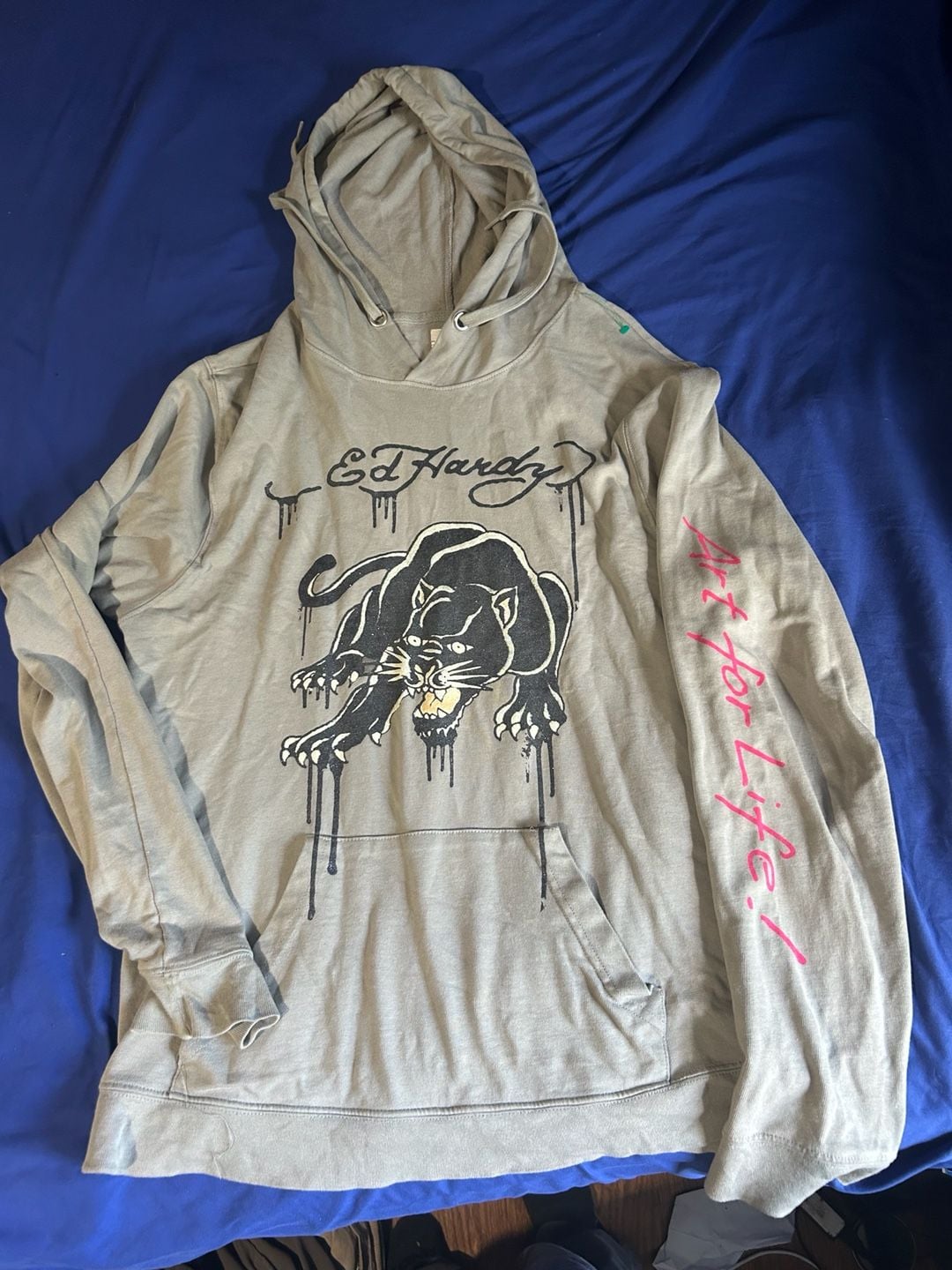 Ed Hardy Panther Tattoo Hoodie Sweatshirt Olive Green Size M 2