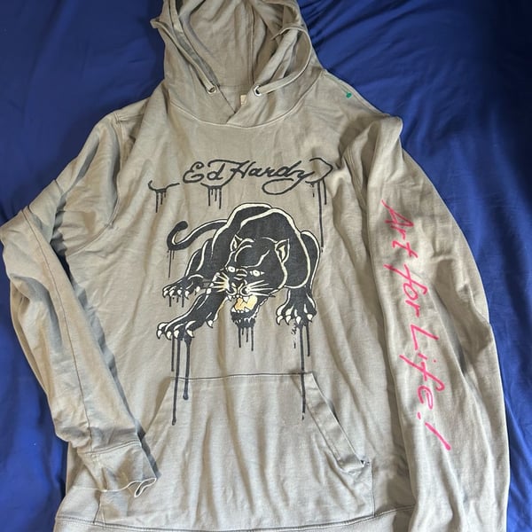 Ed Hardy Panther Tattoo Hoodie Sweatshirt Olive Green Size M