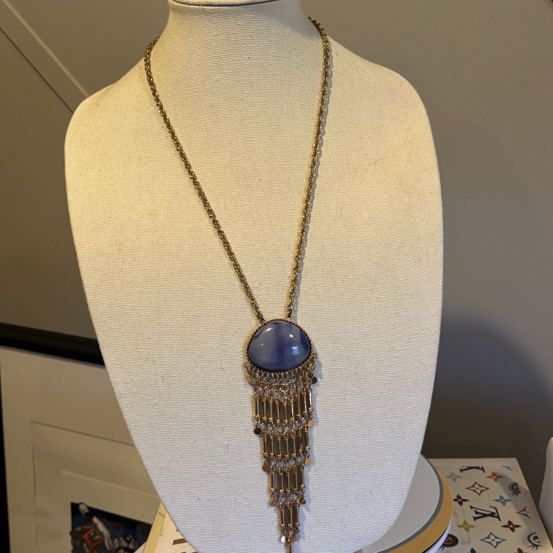 Boho Gold Chain Necklace Blue Stone Tassel Pendant 1