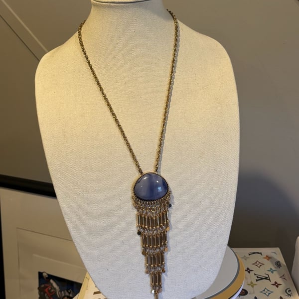 Boho Gold Chain Necklace Blue Stone Tassel Pendant