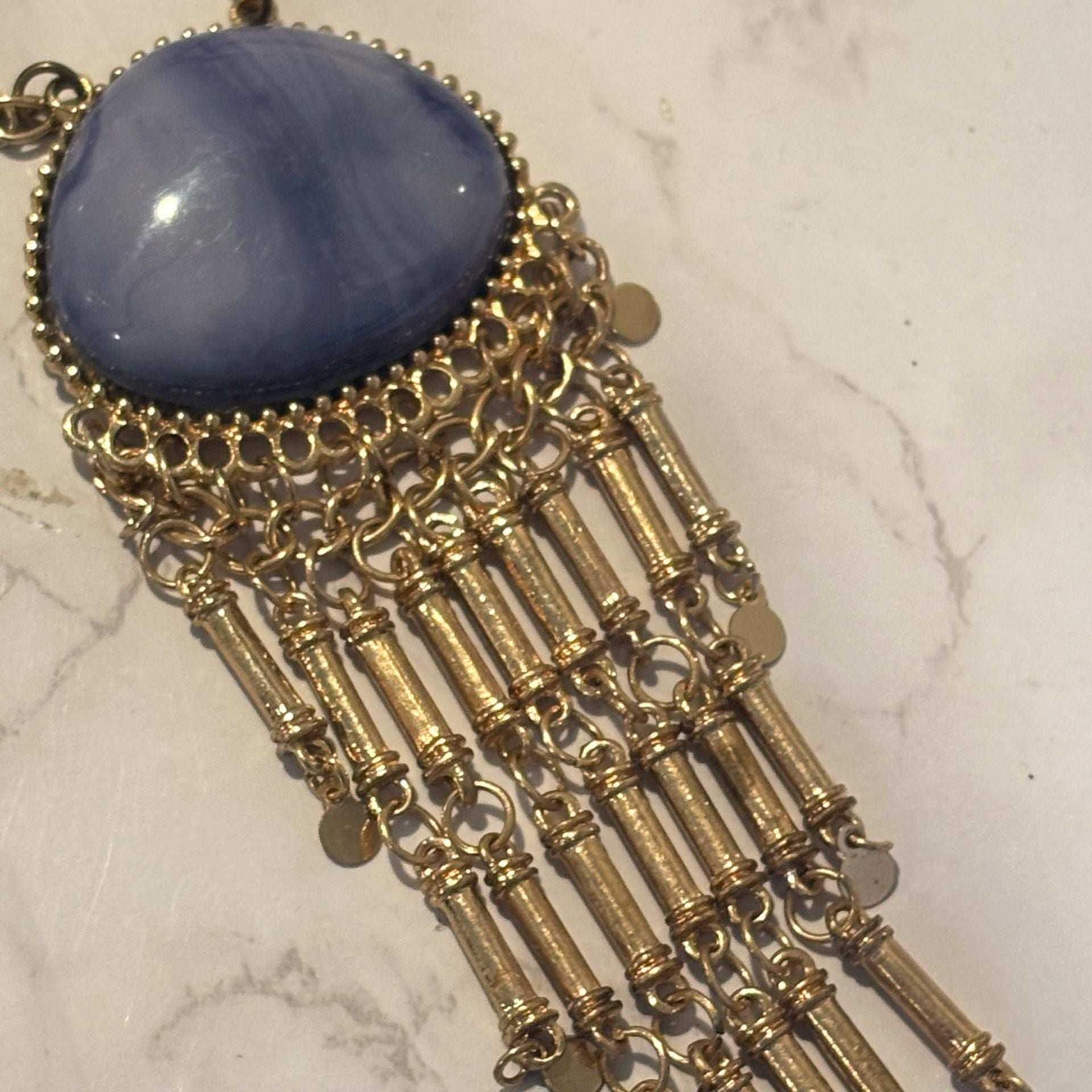 Boho Gold Chain Necklace Blue Stone Tassel Pendant 2