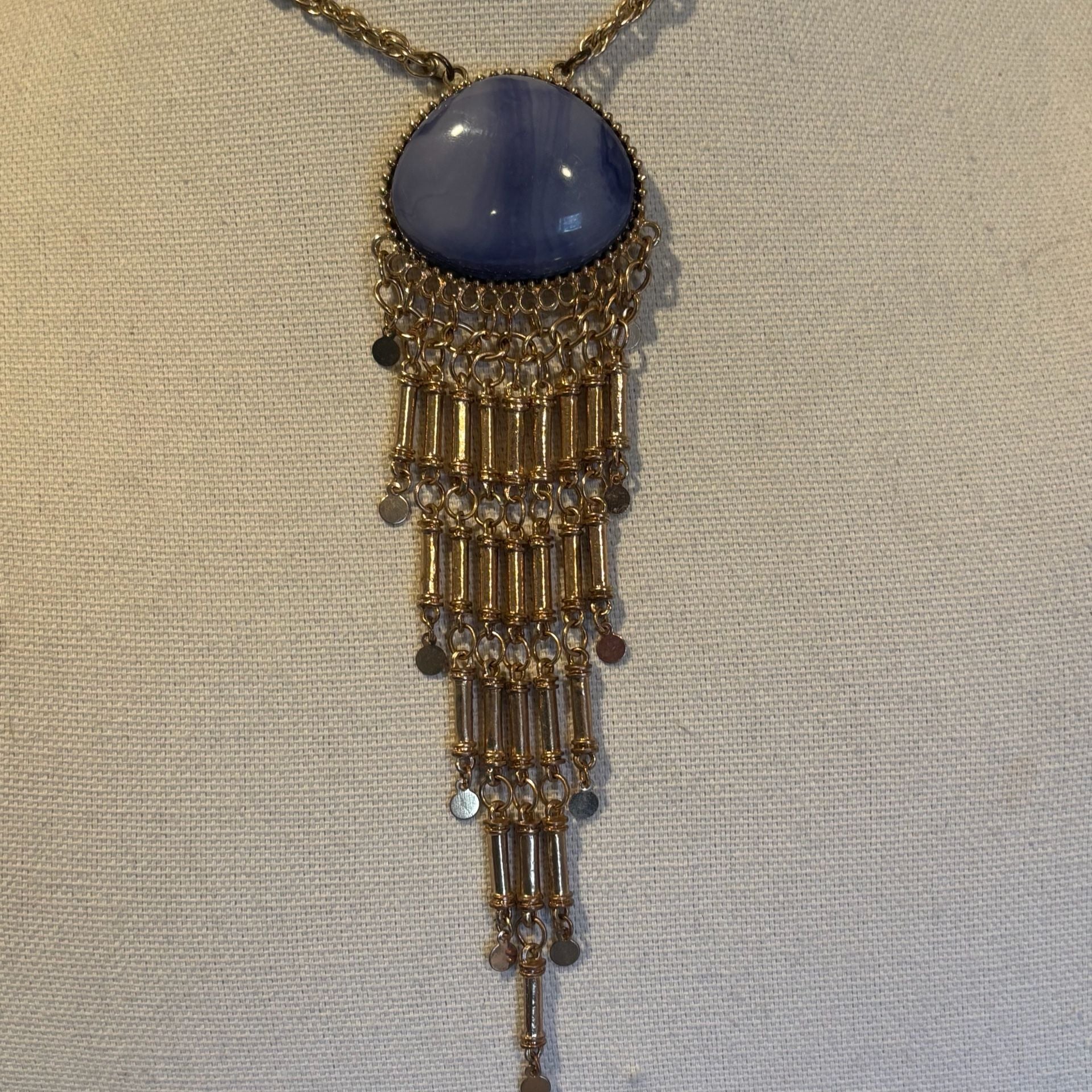 Boho Gold Chain Necklace Blue Stone Tassel Pendant 3