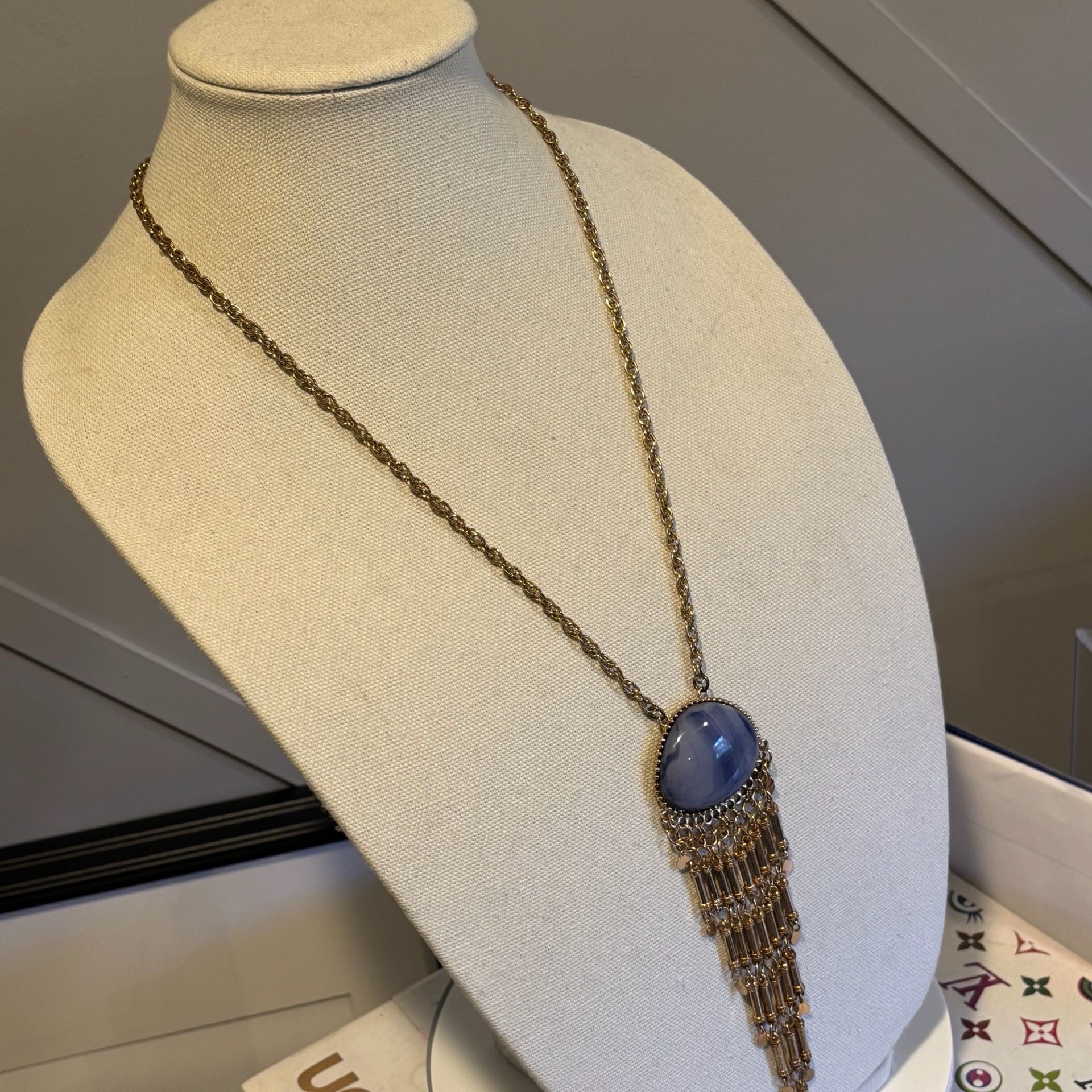 Boho Gold Chain Necklace Blue Stone Tassel Pendant 4