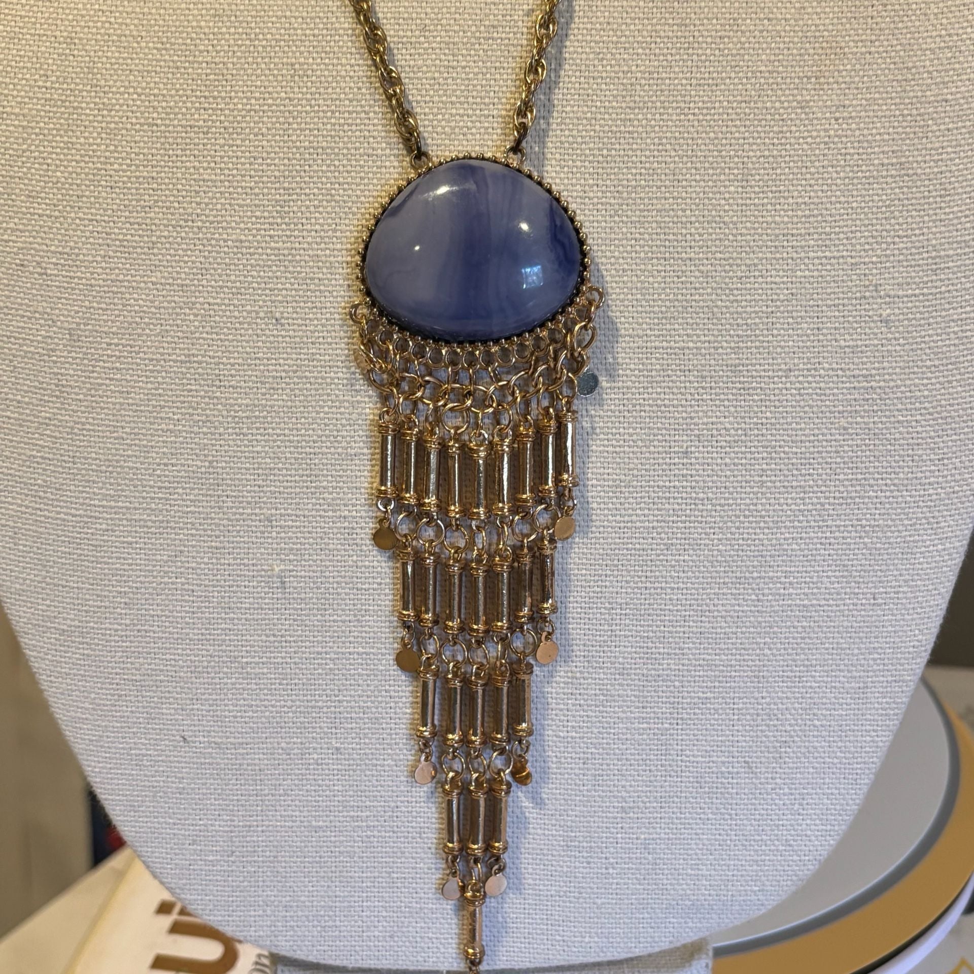 Boho Gold Chain Necklace Blue Stone Tassel Pendant 5