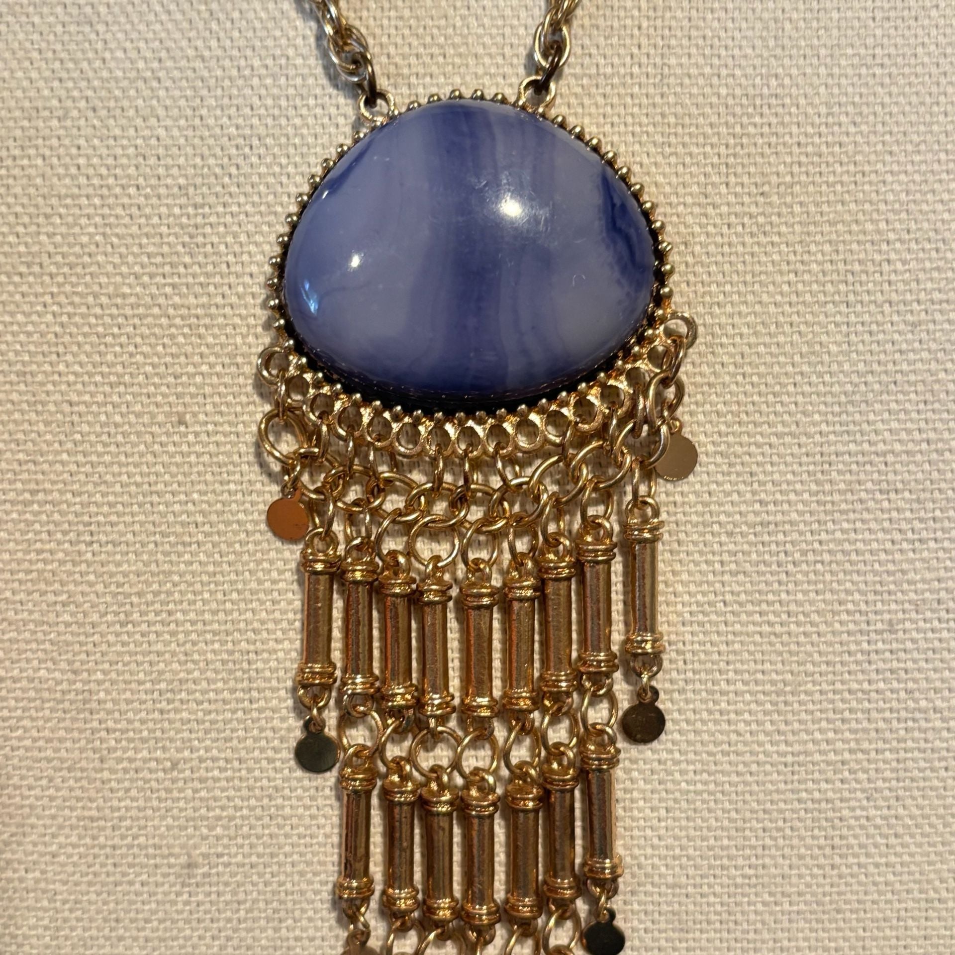 Boho Gold Chain Necklace Blue Stone Tassel Pendant 6