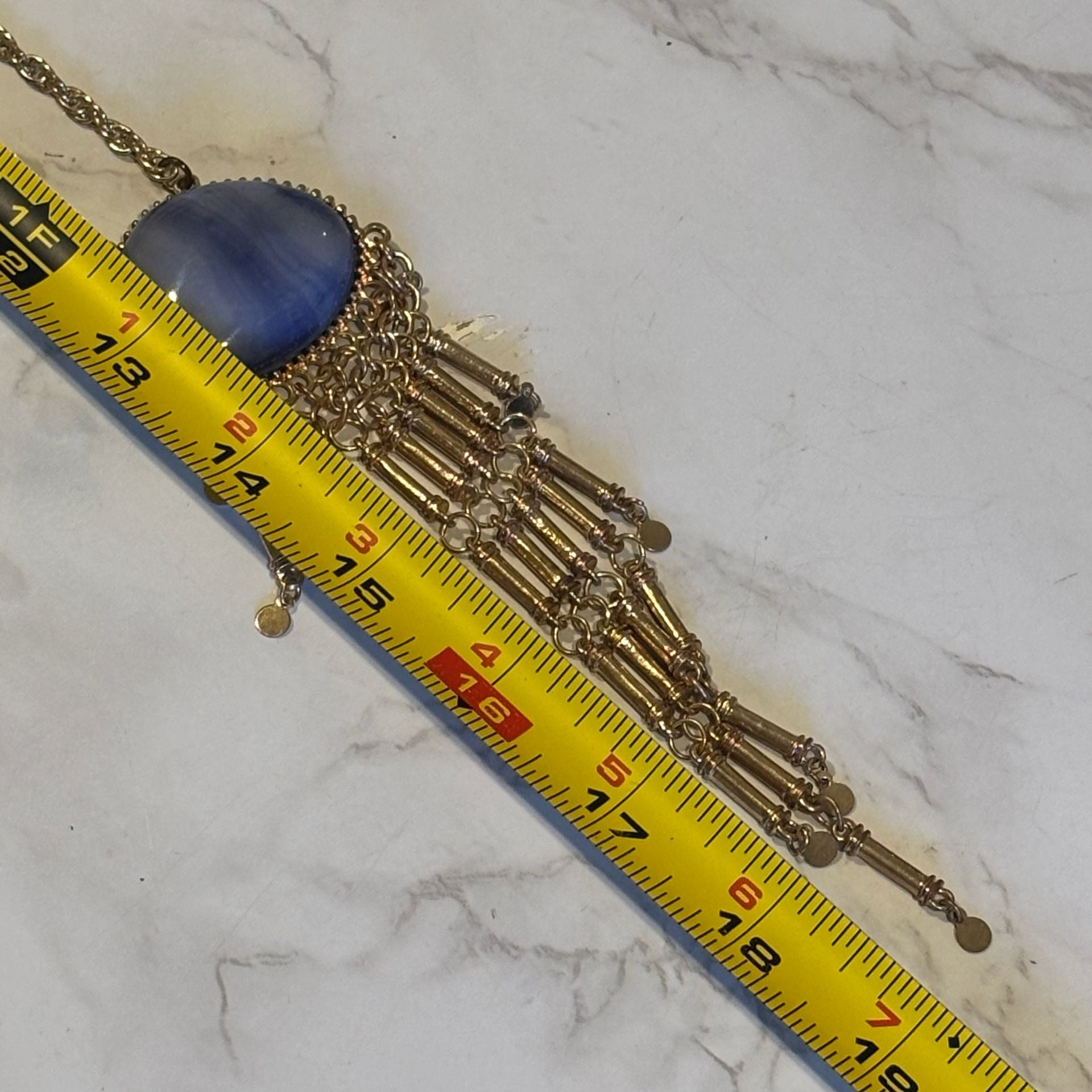 Boho Gold Chain Necklace Blue Stone Tassel Pendant 8