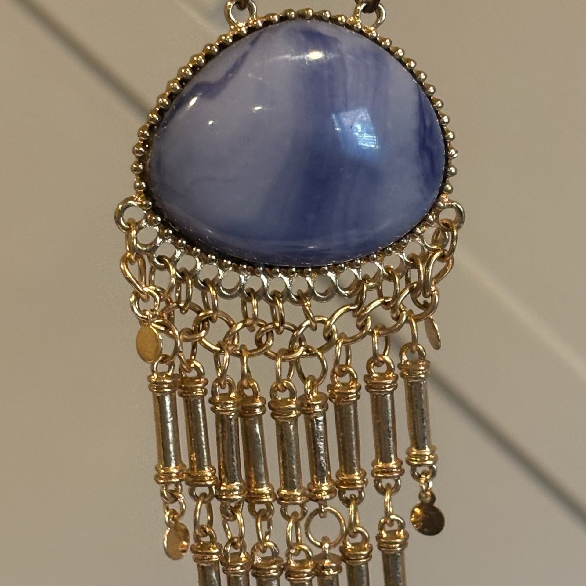 Boho Gold Chain Necklace Blue Stone Tassel Pendant 9