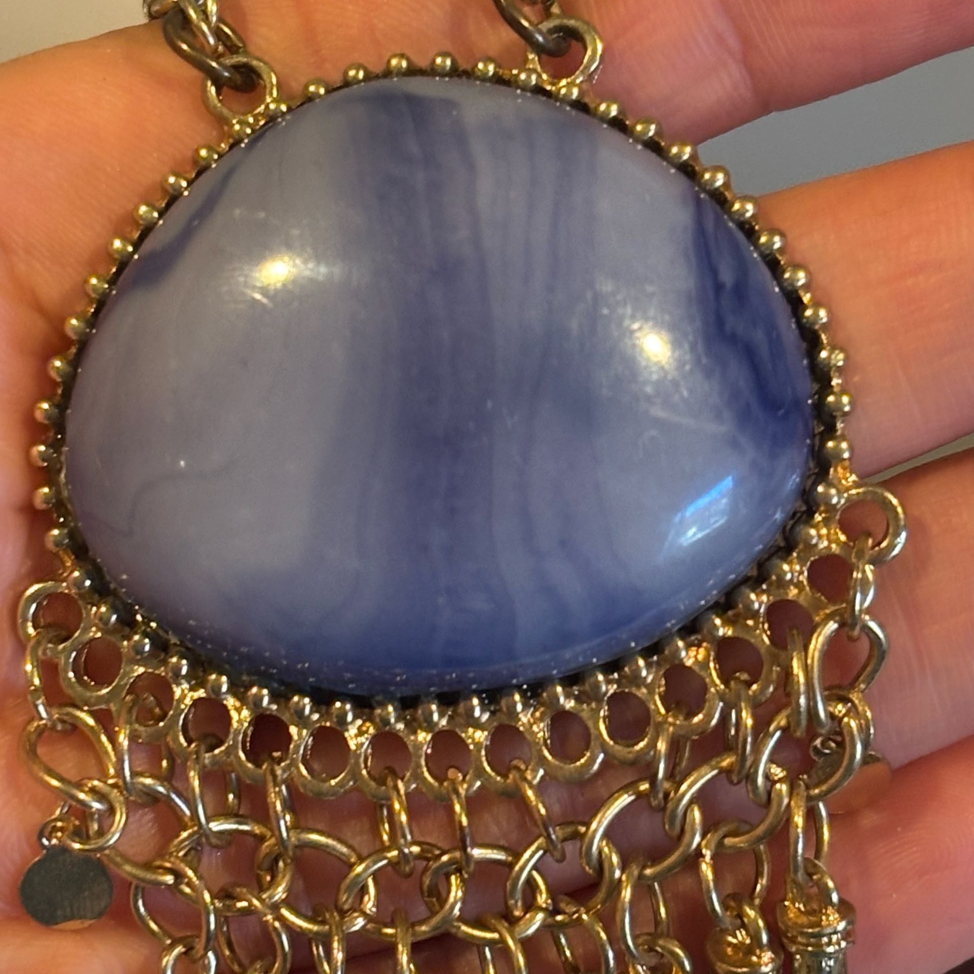 Boho Gold Chain Necklace Blue Stone Tassel Pendant 11