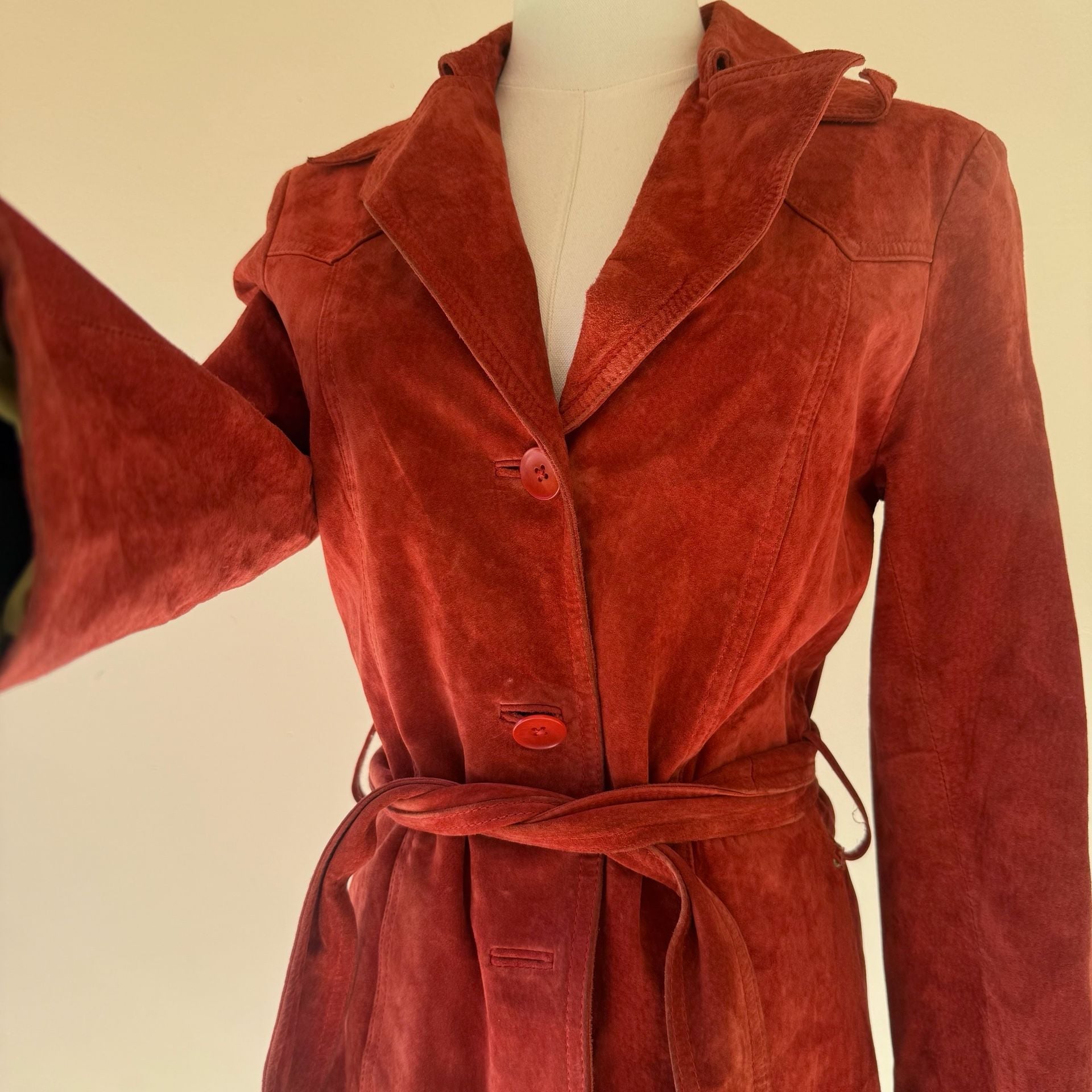 Red Suede Leather Trench Coat Belted John Carlisle 4