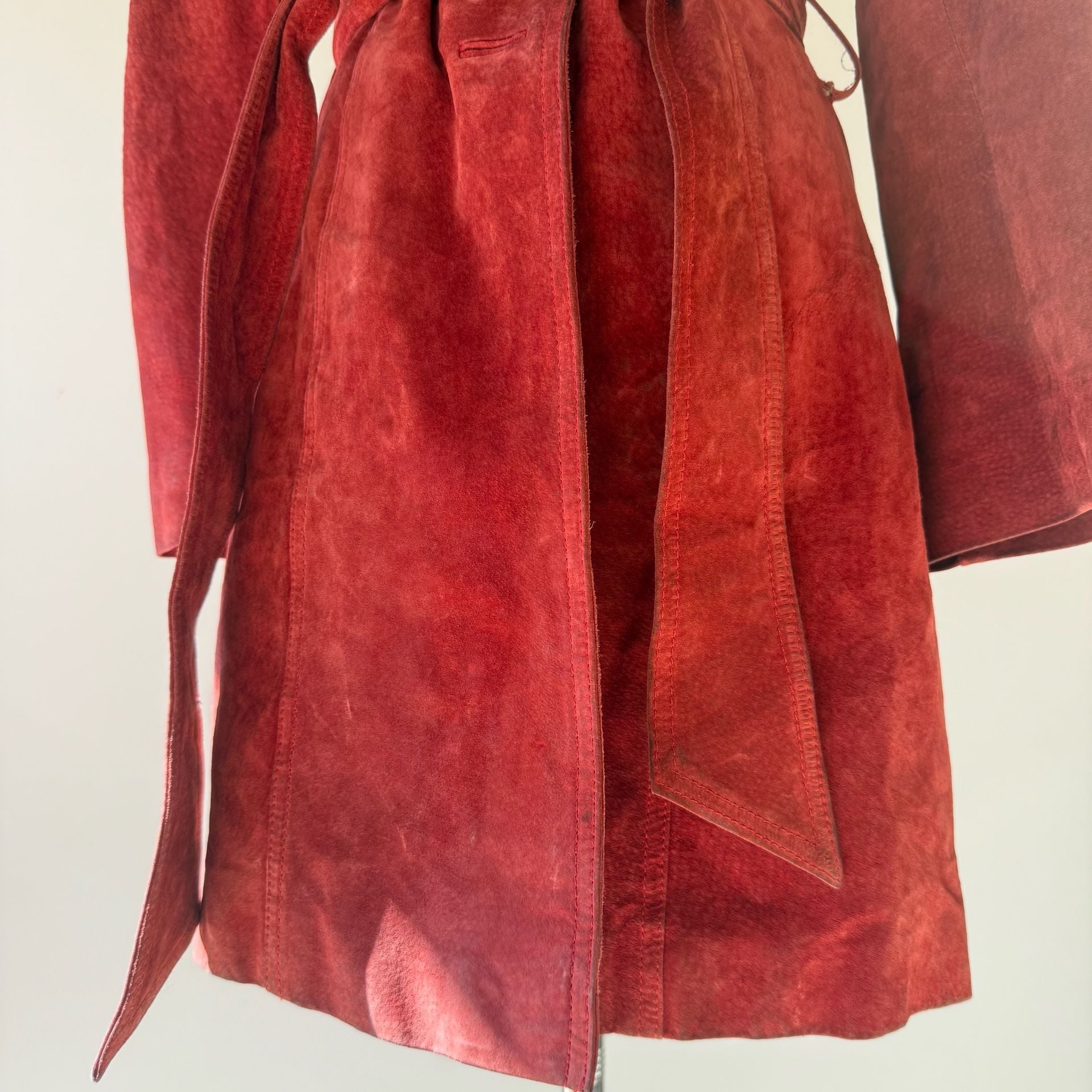 Red Suede Leather Trench Coat Belted John Carlisle 5