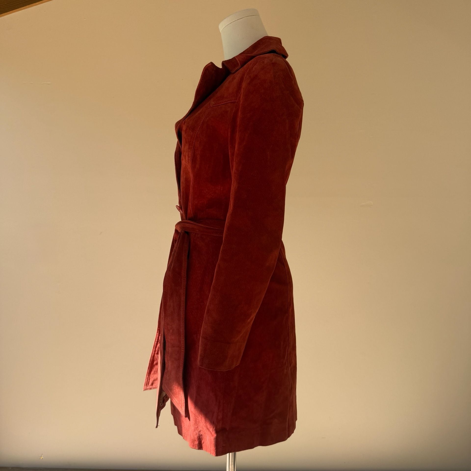 Red Suede Leather Trench Coat Belted John Carlisle 7