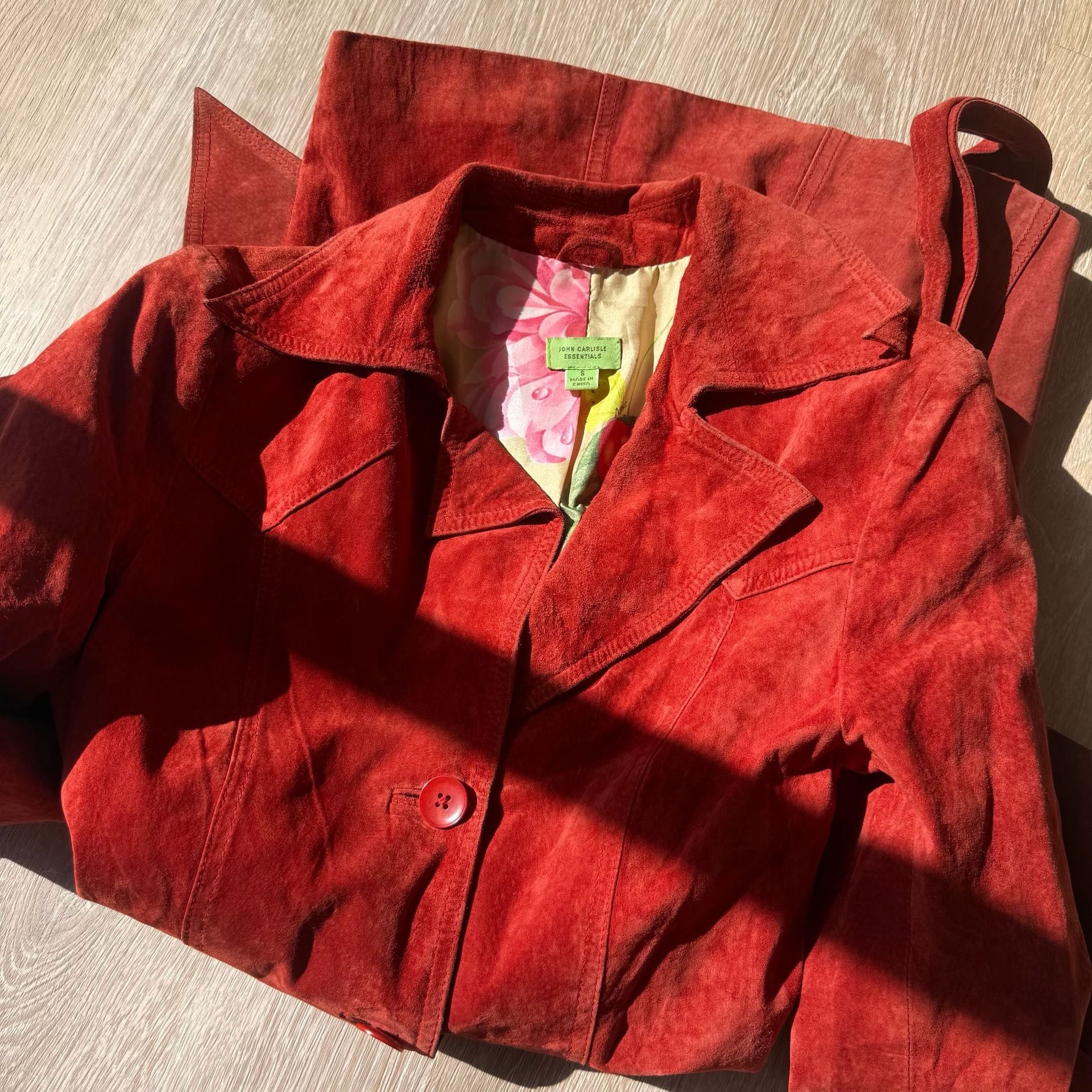 Red Suede Leather Trench Coat Belted John Carlisle 8