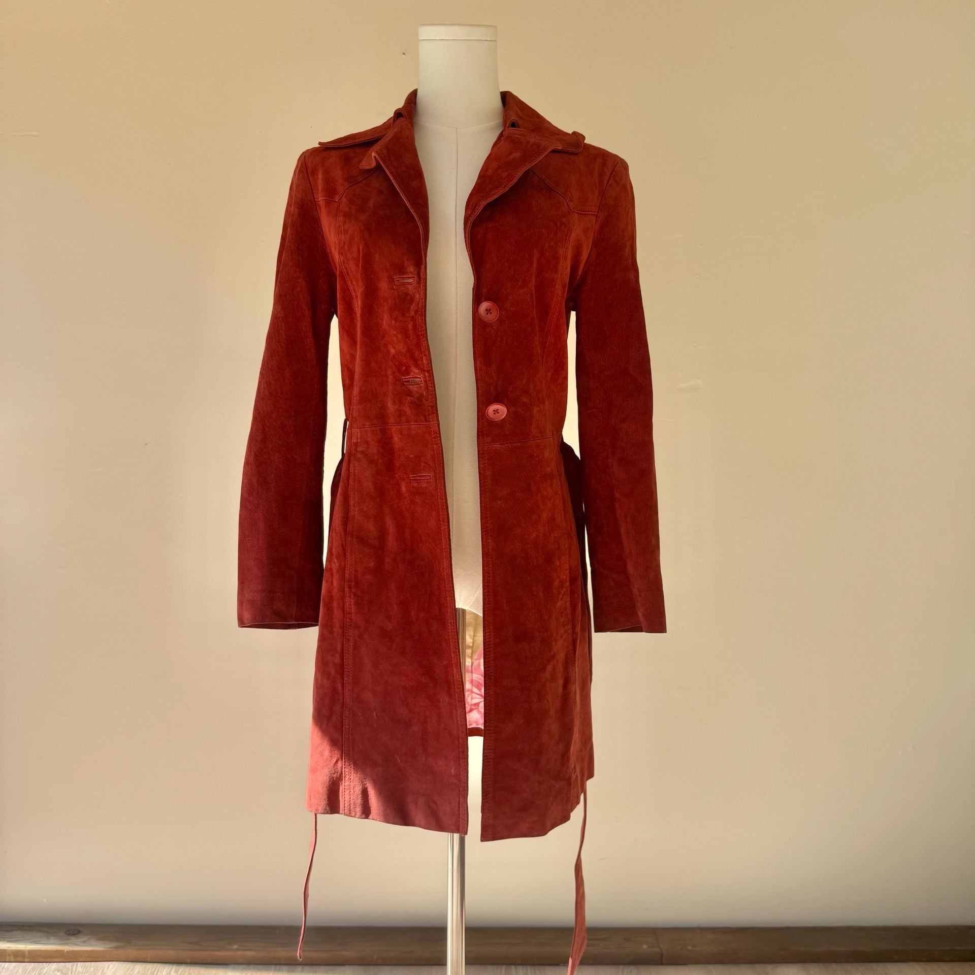 Red Suede Leather Trench Coat Belted John Carlisle 15