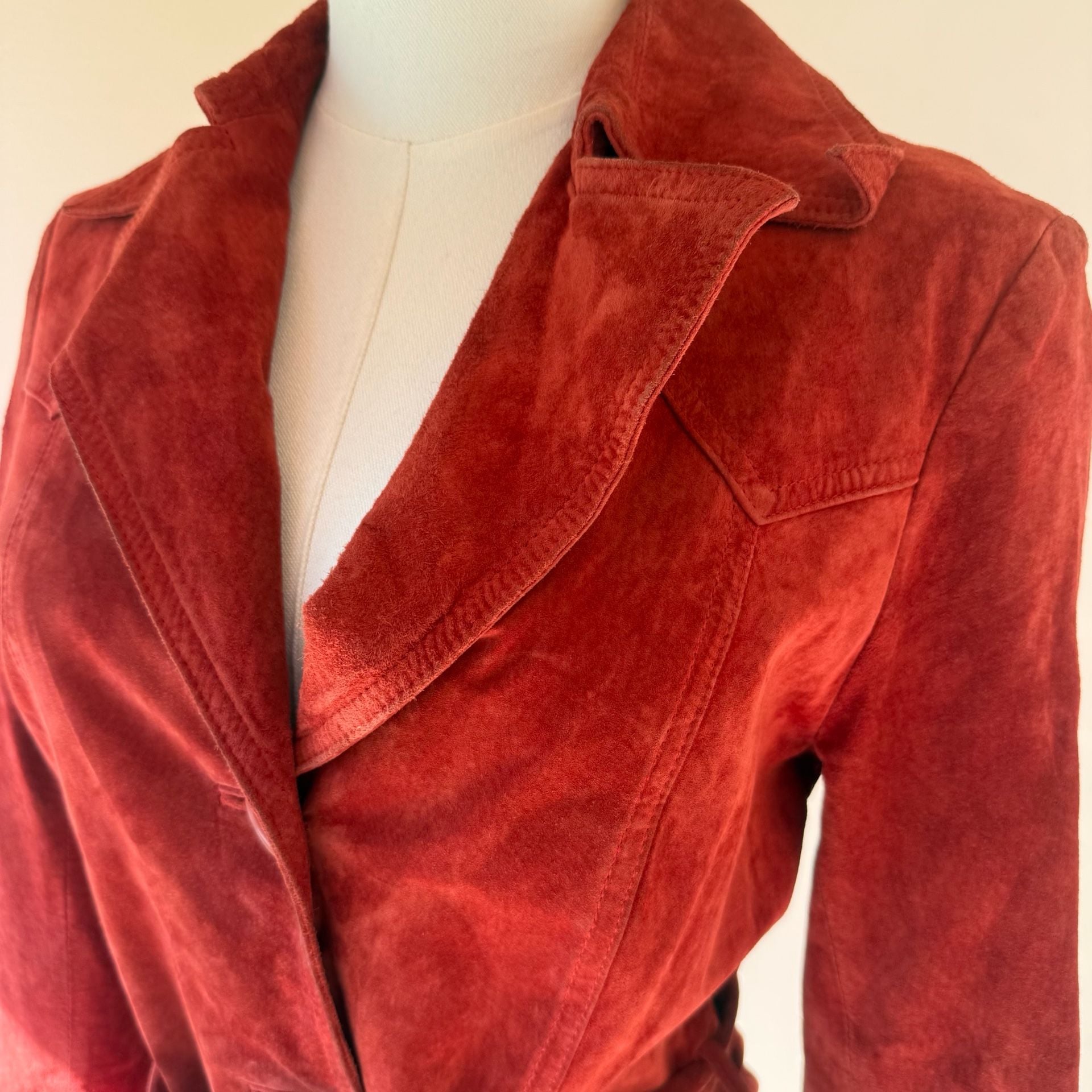 Red Suede Leather Trench Coat Belted John Carlisle 16