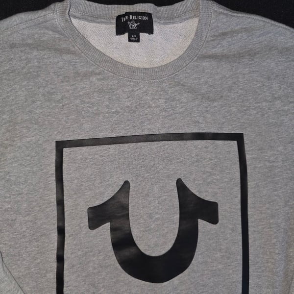True Religion Sweatshirt Size L Grey Black Box Logo Crewneck