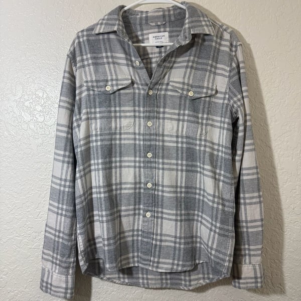 American Eagle Super Soft Flannel Shirt Size XS Gray Plaid Long Sleeve