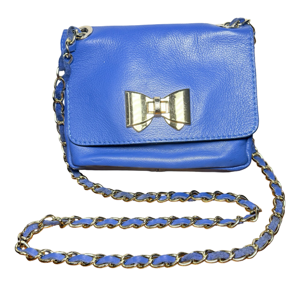 Rare Blue Genuine Leather Made in Italy Blue Crossbody Bag Bow Clasp Chain Strap