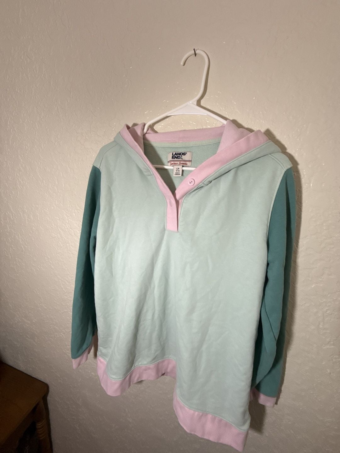 Lands End Serious Sweats Button Hoodie Size L 14-16 Pastel Colorblock 3