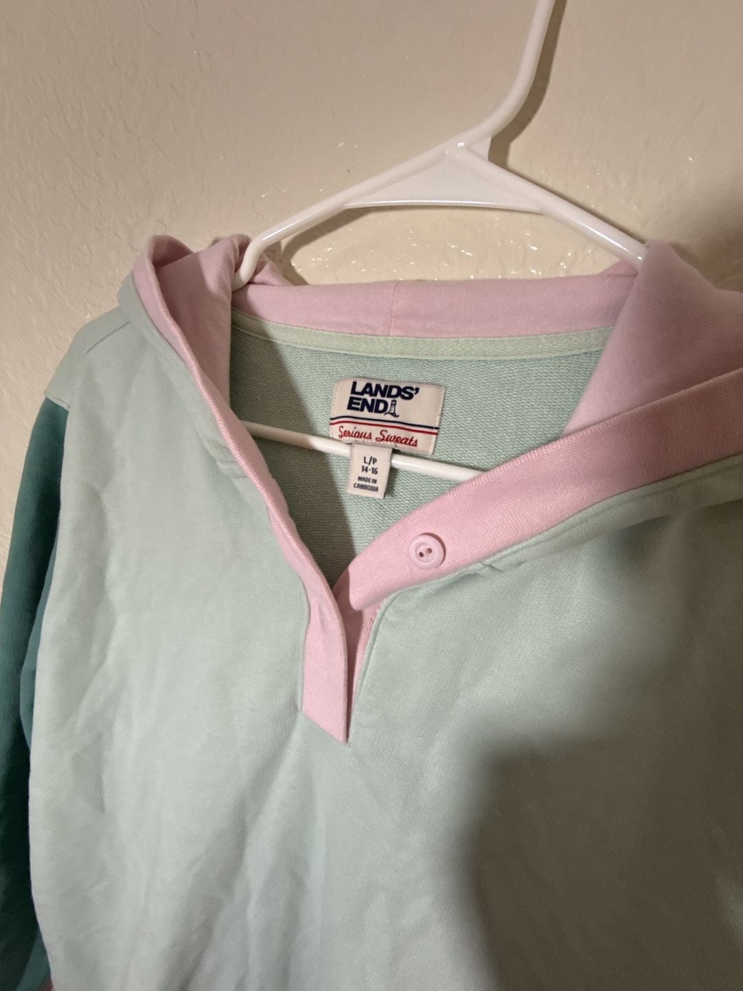 Lands End Serious Sweats Button Hoodie Size L 14-16 Pastel Colorblock 4