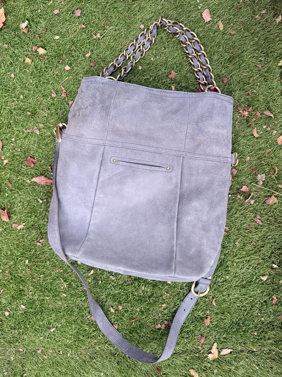 B. Makowsky Leather Crossbody Fold Over Shoulder Bag purse Blue-Grey 2