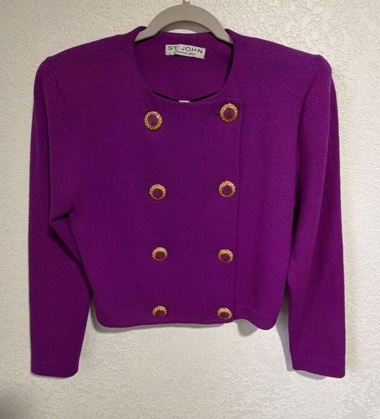 St. John Knit Jacket Size 10 Purple Double Breasted Gold Buttons 2
