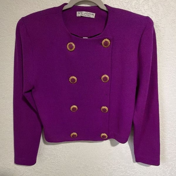 St. John Knit Jacket Size 10 Purple Double Breasted Gold Buttons