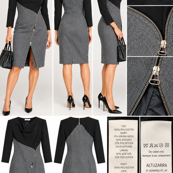 Altuzarra Italian Wool Blend Asymmetric Zip Sheath Dress