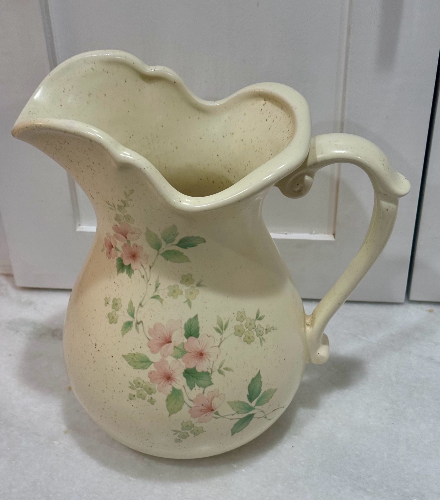 McCoy Pottery Romance Floral Pitcher Cream Pink Green Speckled Stoneware 1
