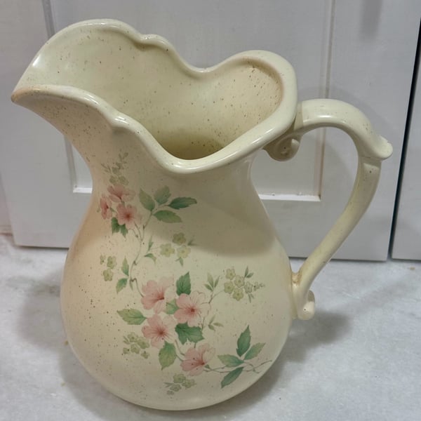 McCoy Pottery Romance Floral Pitcher Cream Pink Green Speckled Stoneware