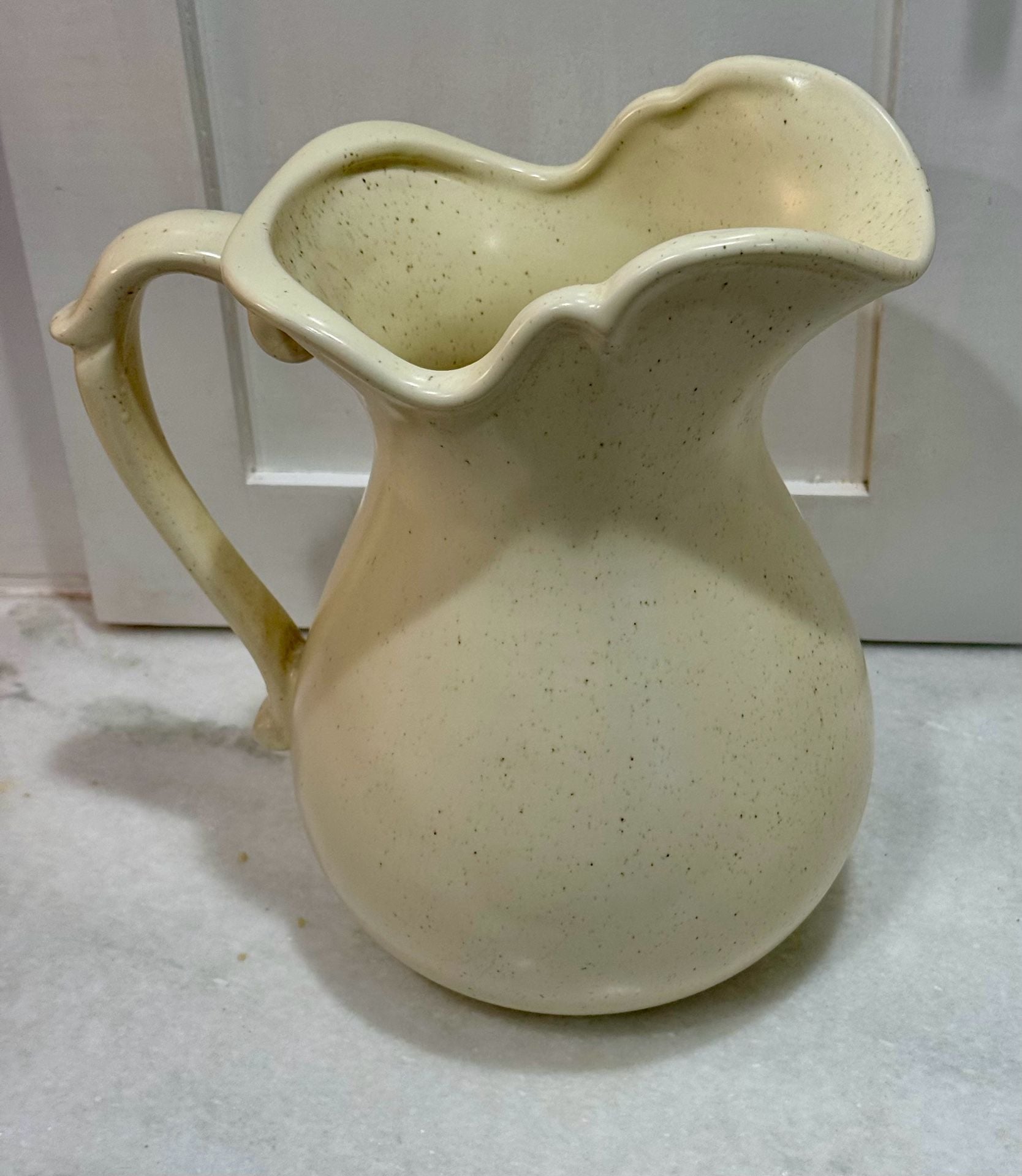 McCoy Pottery Romance Floral Pitcher Cream Pink Green Speckled Stoneware 3
