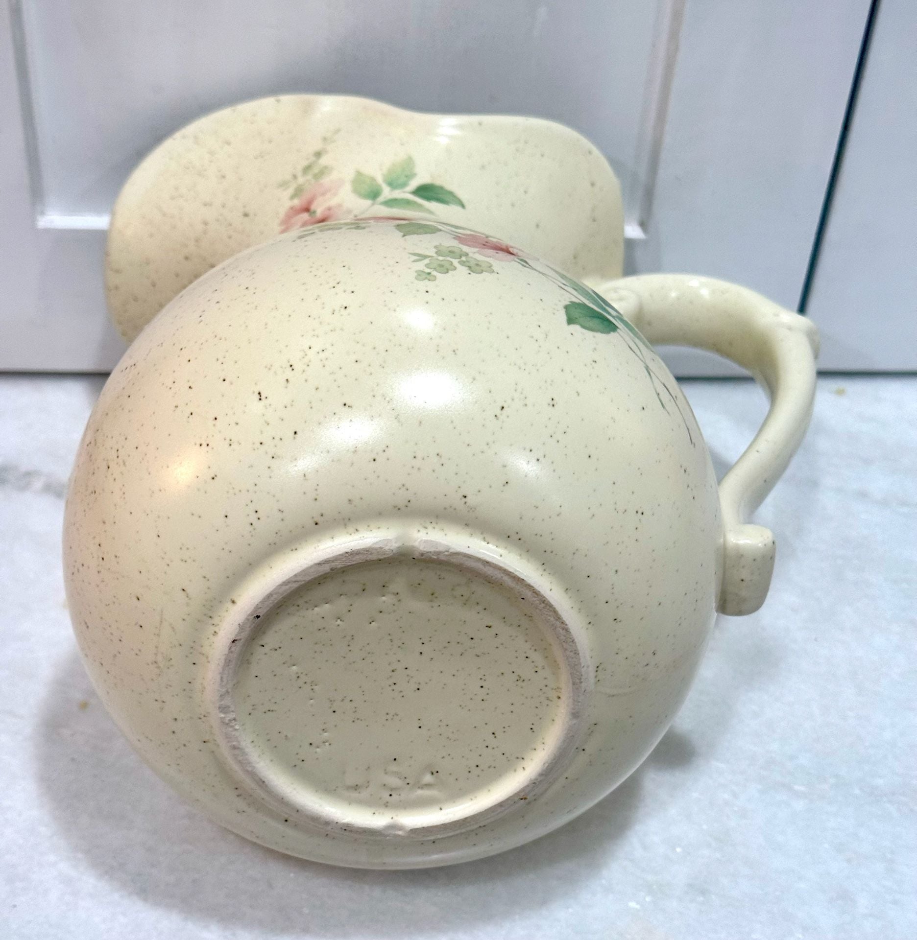 McCoy Pottery Romance Floral Pitcher Cream Pink Green Speckled Stoneware 5