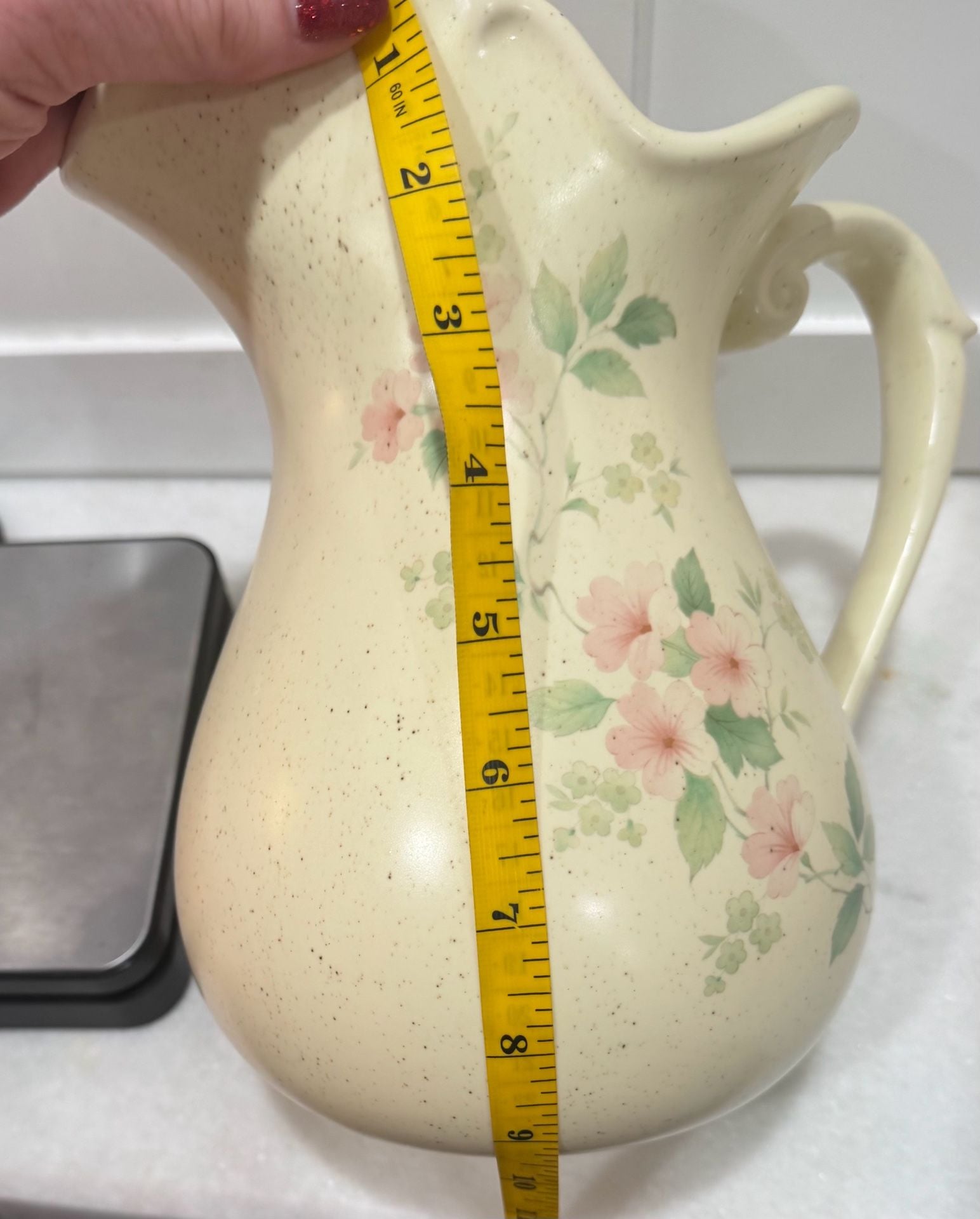 McCoy Pottery Romance Floral Pitcher Cream Pink Green Speckled Stoneware 7