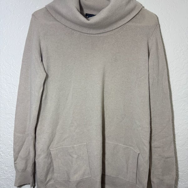 Theory Cowl Neck Sweater Size S Beige Long Sleeve Pocket Pullover