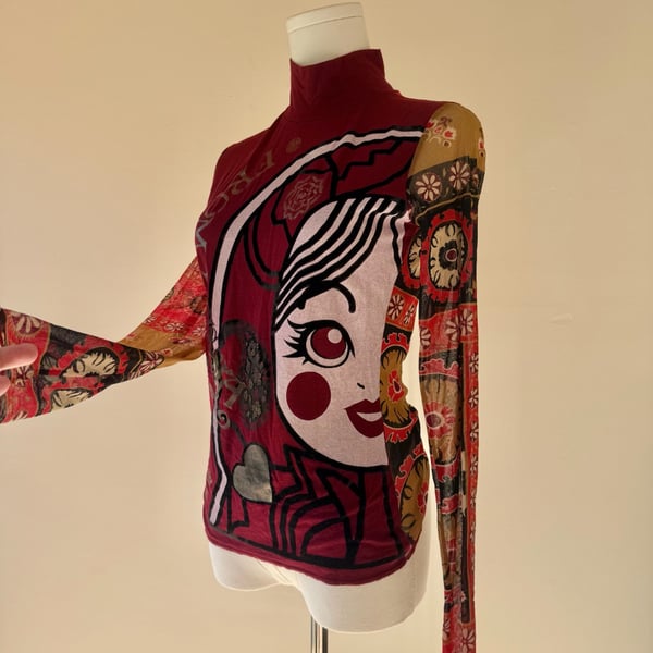 Euro Italian Graphic Turtleneck Red with Girl and Sheer Back 