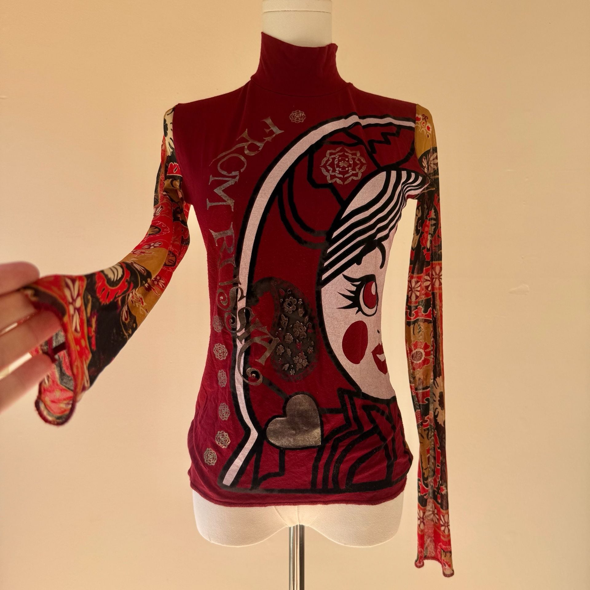 Euro Italian Graphic Turtleneck Red with Girl and Sheer Back  11