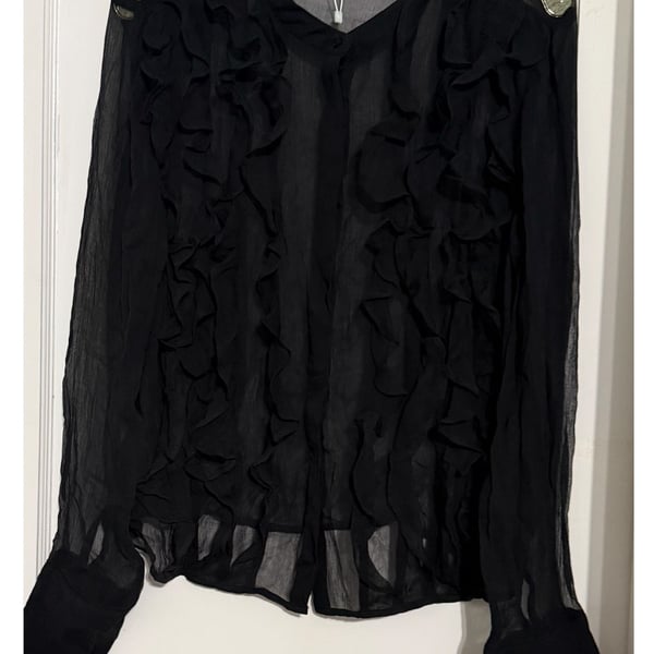 J.Crew Women’s Size 10 Black Sheer Ruffle Blouse – 100% Cupro