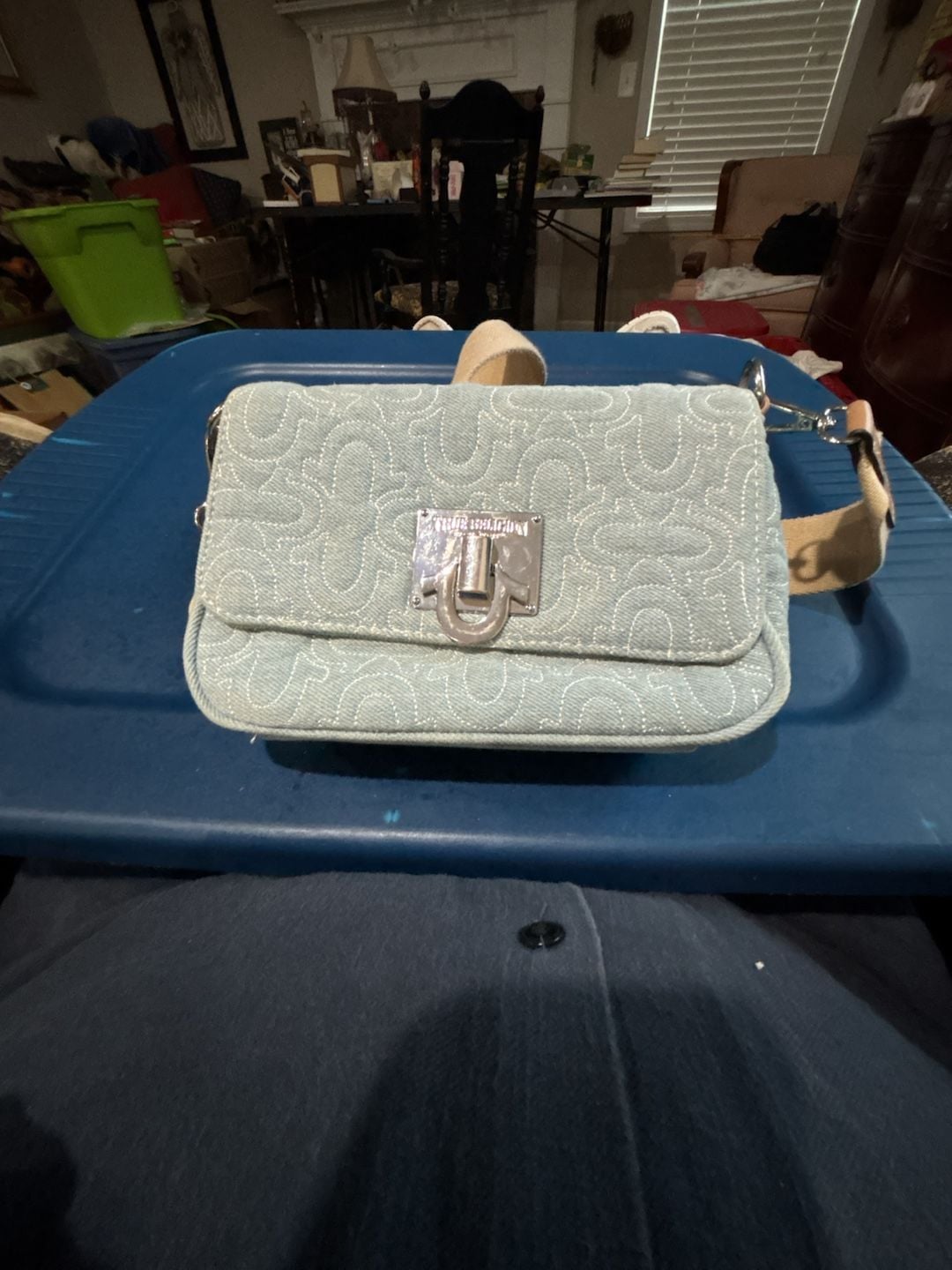 True Religion Quilted Denim Horseshoe Flap Crossbody Bag Light Blue 2