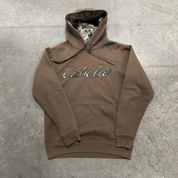 Cabela's Logo Hoodie Size S Reg Brown Camo Hood Sweatshirt