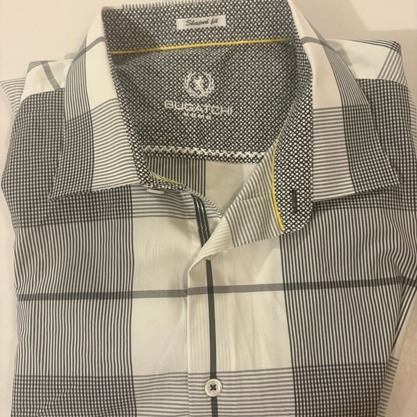 Bugatchi Plaid Sport Shirt Shaped Fit White Black Long Sleeve