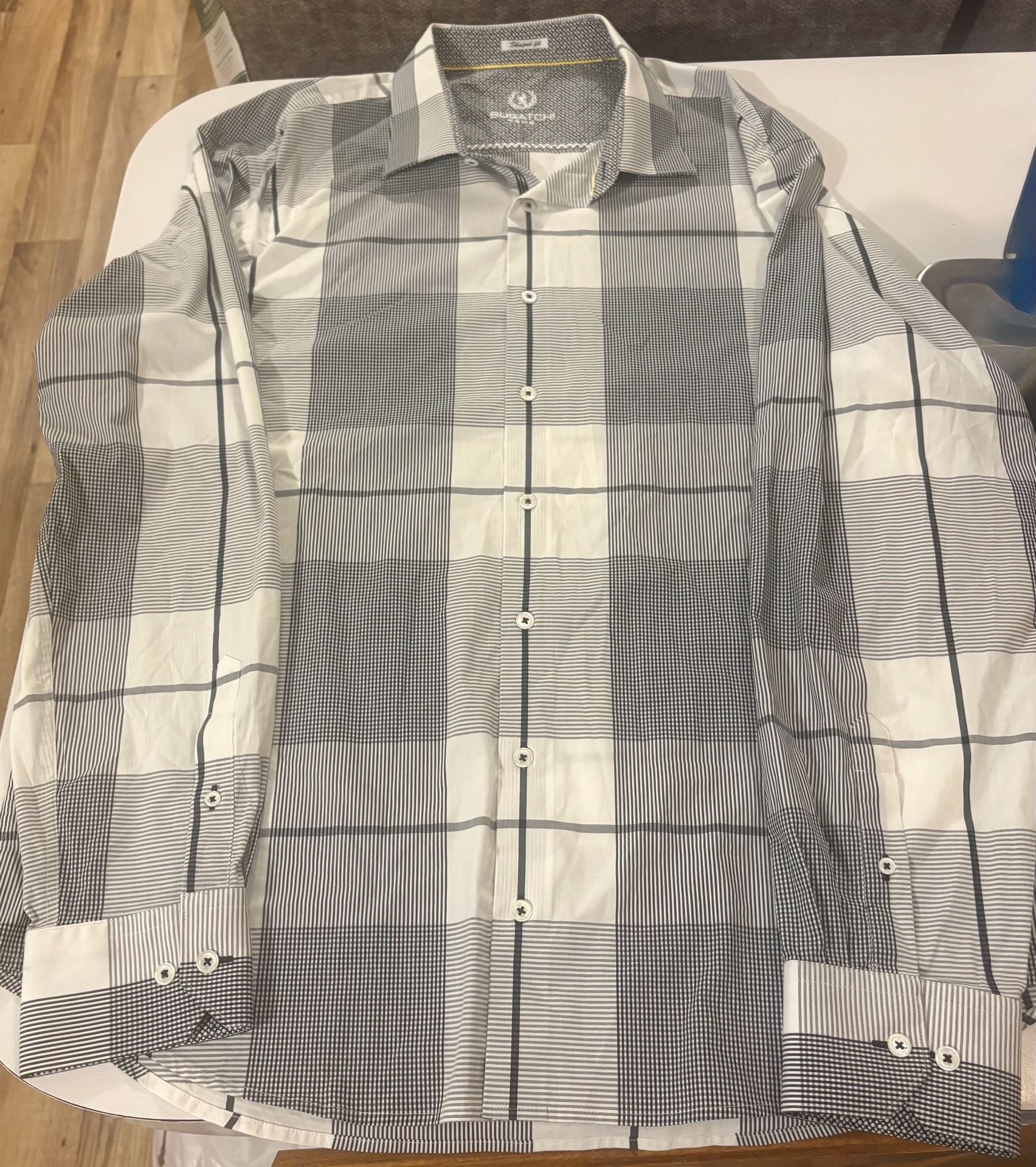 Bugatchi Plaid Sport Shirt Shaped Fit White Black Long Sleeve 3