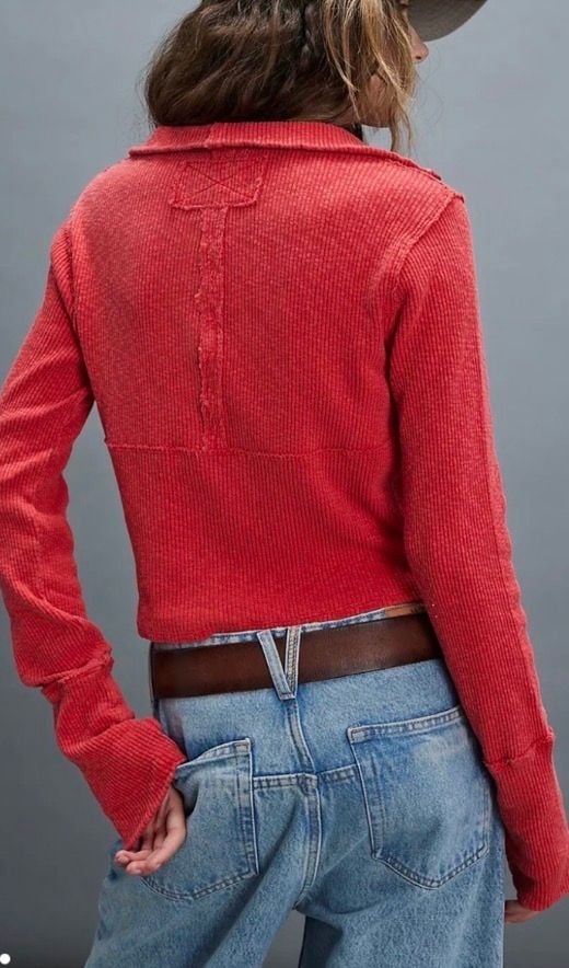 We The Free People Midnight Half Zip High Risk Red Ribbed Cropped Top Small 5