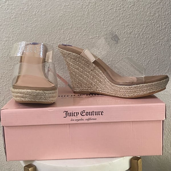 Juicy Couture Clear Strap Espadrille Wedge Sandals Size 8.5 Nude