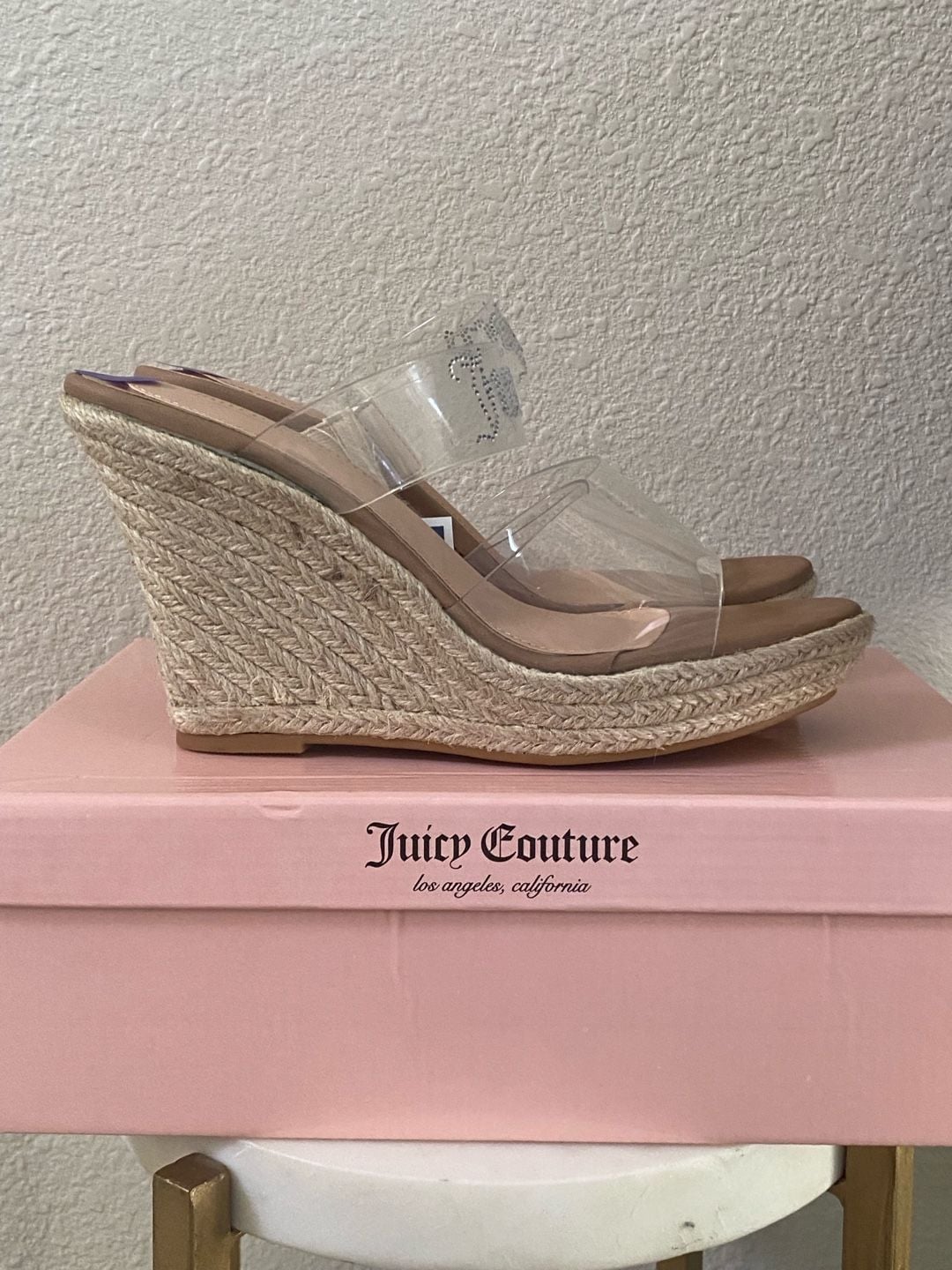 Juicy Couture Clear Strap Espadrille Wedge Sandals Size 8.5 Nude 6