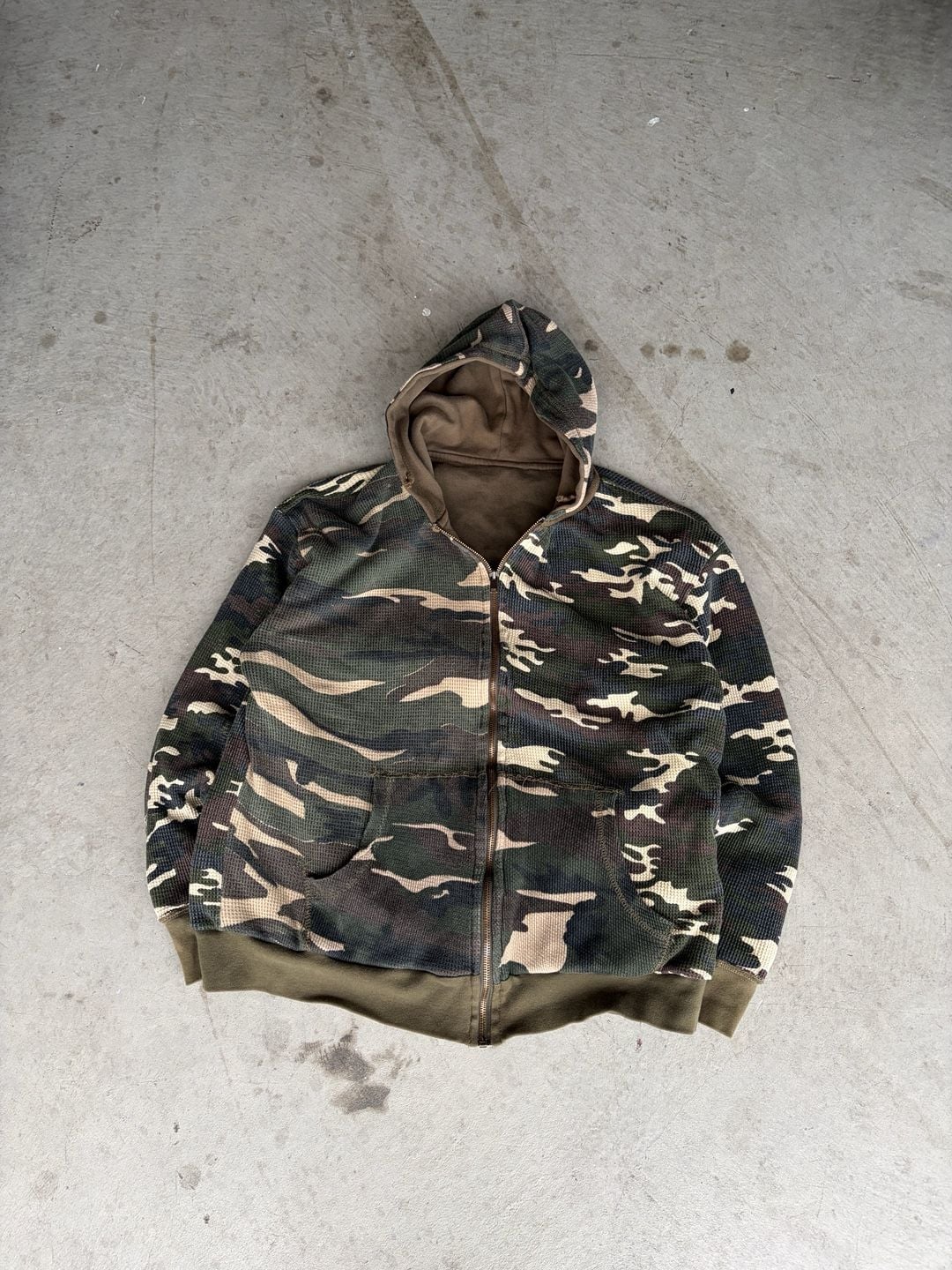 Vintage Reversible Camouflage Thermal Zip Up Hoodie Olive Green 2