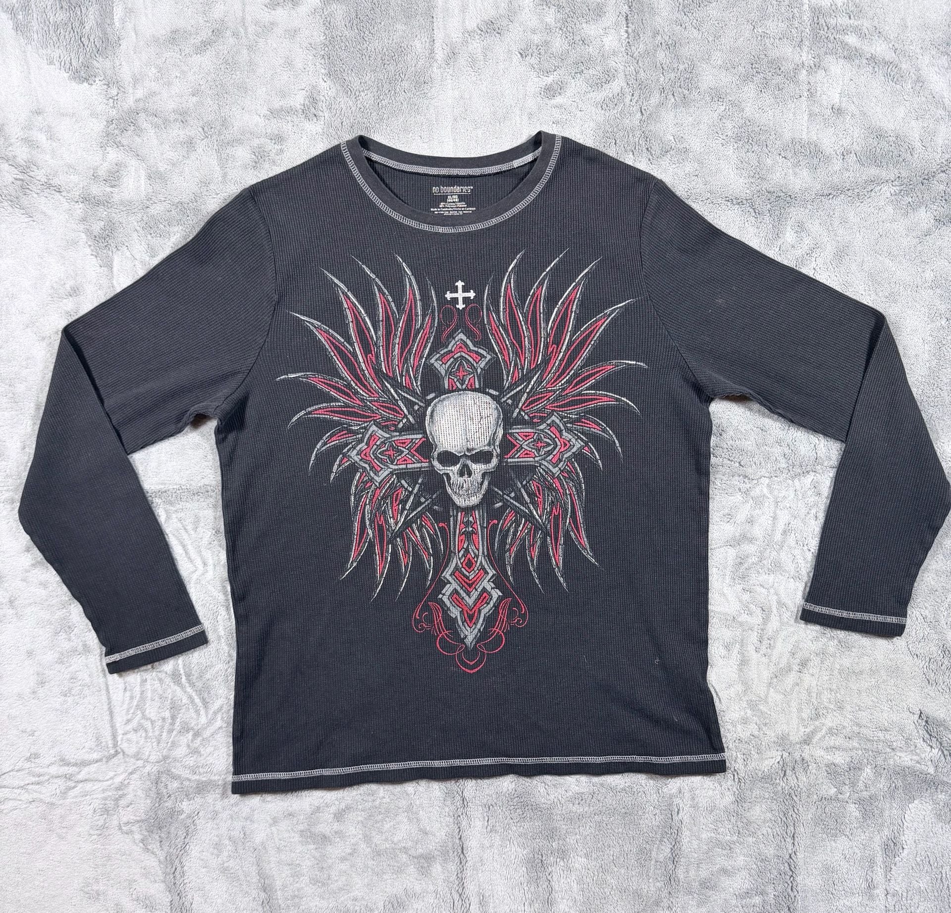 No Boundaries Skull Cross Thermal Shirt Size XL Black Red Y2K 2
