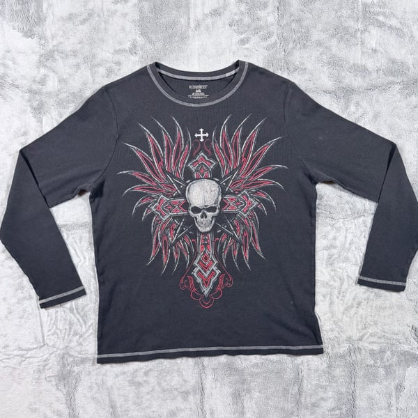 No Boundaries Skull Cross Thermal Shirt Size XL Black Red Y2K