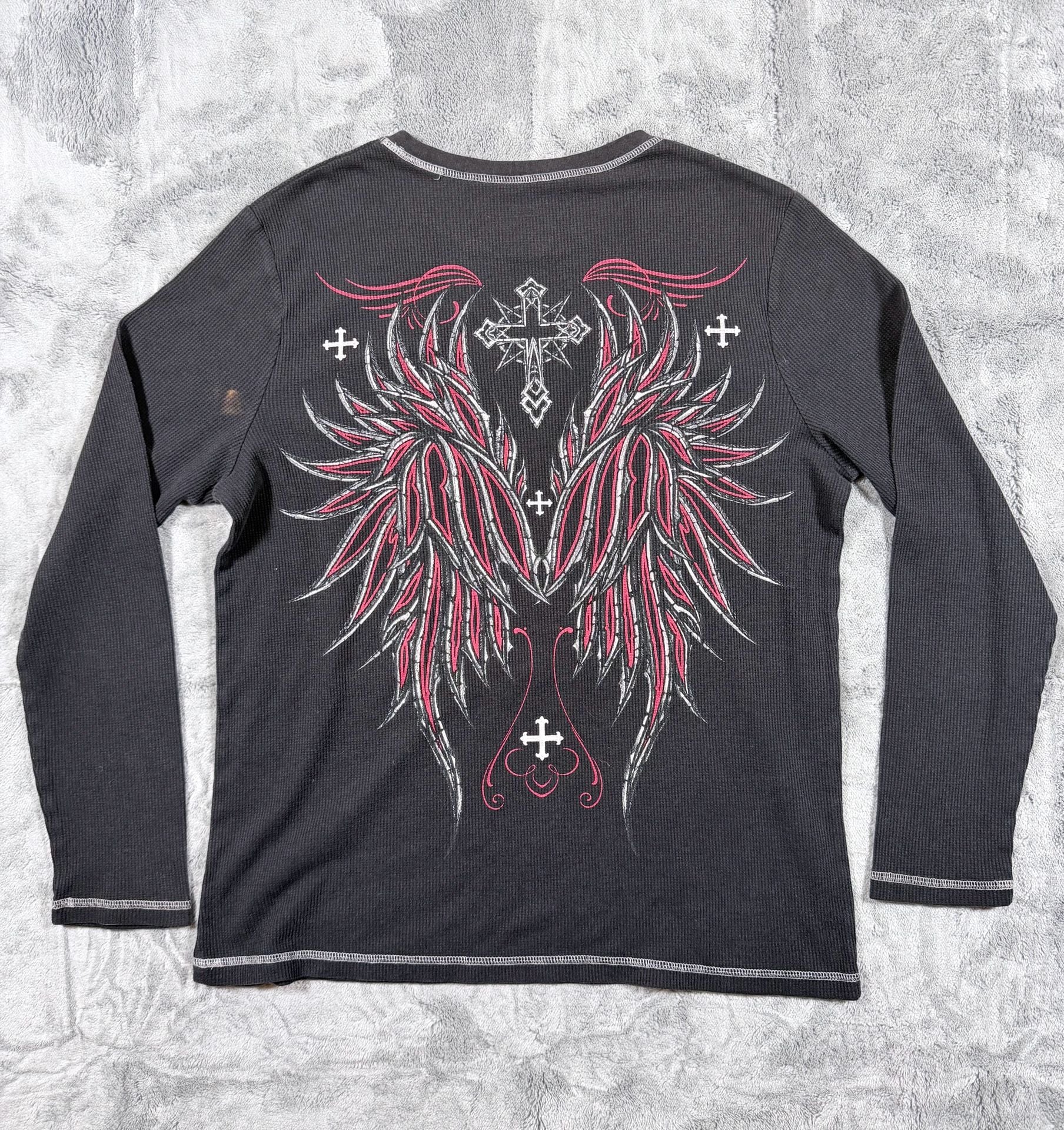 No Boundaries Skull Cross Thermal Shirt Size XL Black Red Y2K 14