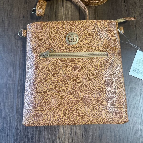Dolgen Corp Floral Tooled Faux Leather Crossbody Bag Brown