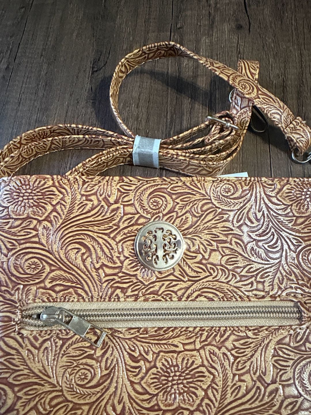Dolgen Corp Floral Tooled Faux Leather Crossbody Bag Brown 7